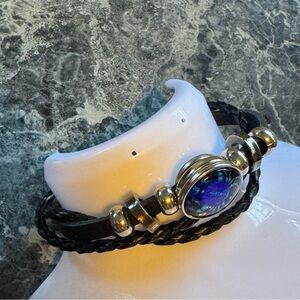 Black Braided Leather Bracelet with Blue Opal Accent